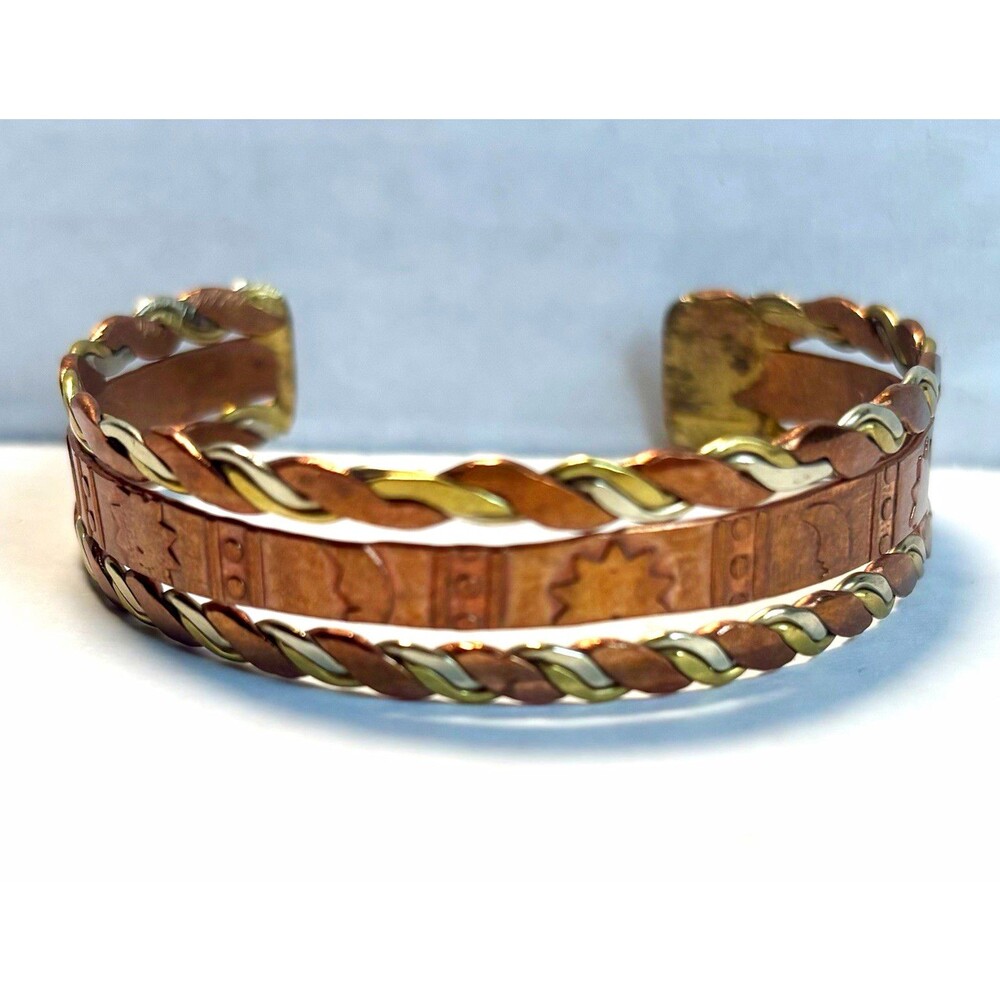 Hand Made Copper&Brass Cuff Bracelet Sun Moon, Stars, Boho, Tricolor Adjustable